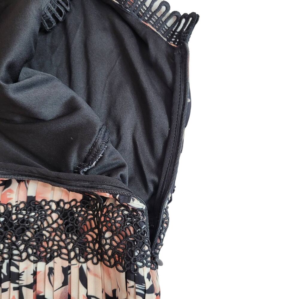 Foxiedox Pleated Floral Lace Trim Mini Dress Pink Black Size L NWT - Picture 6 of 8